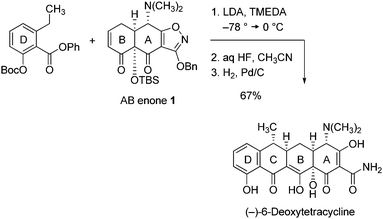 Construction of (−)-6-deoxytetracycline by Michael–Claisen cyclization.1,2