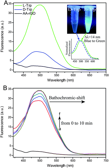 (A) Fluorescence emission spectra in of AA-rGO in the absence and presence of 75 μM d-, or l-Trp. Inset: a photograph for AA-rGO with 75 μM d-, or l-Trp excited by a hand-held UV lamp. (B) Time-dependent spectral changes of the AA-rGO chiral sensing system: (a) In the absence of l-Trp, (b) to (f) upon addition of l-Trp 75 μM. Spectra recorded at time intervals of 2 min. Other conditions were the same as those described in Fig. 1.