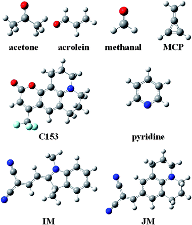 Molecular structures of solutes. Hydrogen atoms are white, carbon is grey, nitrogen is blue, fluorine is cyan, and oxygen is red.
