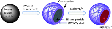 Pictorial representation of the deposition of SWCNTs onto the external surface of a porous silicate material and the subsequent loading of the photoactive molecule Ru(bpy)32+ within the pores of the silicate particle.