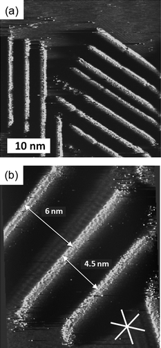 (a) and (b) STM images of physisorbed monolayers of trans-1 performed under atmospheric conditions at the octanoic acid-HOPG interface. (a) Iset = 1 nA, Vbias = −0.20 V, (b) Iset = 0.55 nA, Vbias = −0.39 V. In (b) the white lines indicate the orientation of the main symmetry axes of graphite.