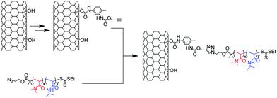 Synthesis of MWNT composites containing poly(N,N-dimethylacrylamide)-poly(N-isopropylacrylamide) diblock copolymer. Hydroxylated MWNT were modified via the sequential reaction of the nanotube with toluene diisocyanate and propargyl alcohol.