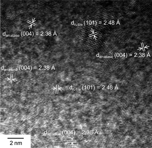 A high-resolution TEM image of a 5 nm-thick TiO2 thin film formed through e-beam thermal evaporation.