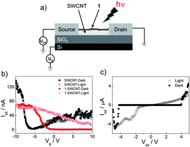 a) A schematic illustration of the photoconductivity experiment using a FET equipped with a single SWCNT with the decoration of 1; b) the evolution of the gate transfer (Isd-Vg) characteristics of 1-decorated SWCNT-FET with and without light illumination and those of the SWCNT-FET with and without light illumination, bias voltages Vsd = 100 mV; c) the Isd-Vsd characteristics of the 1-decorated SWCNT-FET device with and without light illumination (at Vg = 2 V).