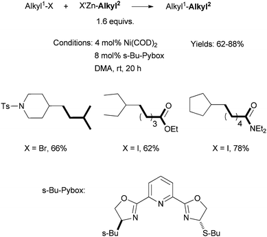 
            Ni-catalyzed Negishi coupling of secondary alkyl halides using a Pybox ligand.