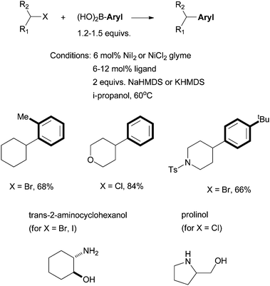 
            Ni-catalyzed Suzuki coupling of secondary alkyl halides using amino alcohol ligands.