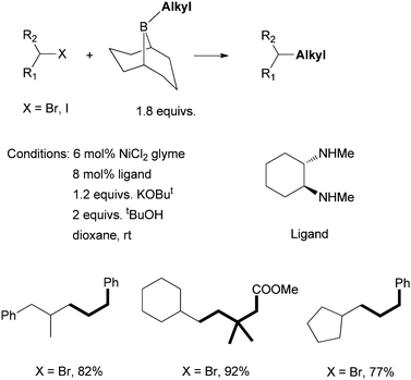 
            Ni-catalyzed Suzuki coupling of secondary alkyl halides using a diamine ligand.