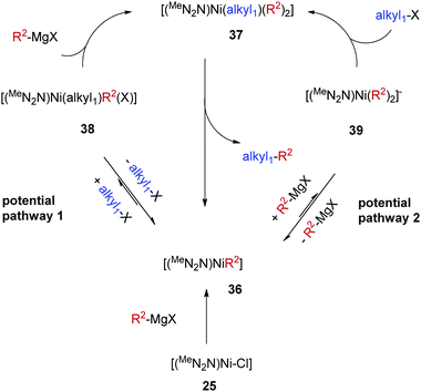 
              Catalytic cycle for alkyl–aryl Kumada coupling by Nickamine.