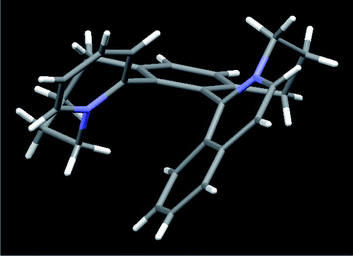 X-Ray crystal structure assigning absolute configuration of helquat (−)-[P-5][TfO]2 as obtained by stereocontrolled transformation from saddlequat (+)-[Sa,Ra-4][TfO]2 at 100 °C. X-Ray quality crystals were grown from the perchlorate salt of [P-5]. Perchlorate anions and crystal water molecules are omitted for clarity.23