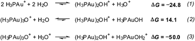 Calculated free energies for the formation of (H3PAu)2OH+.