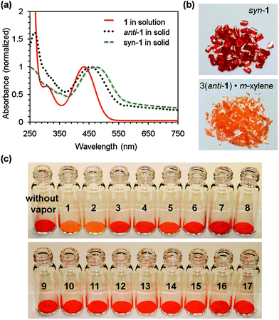 (a) UV-vis absorption spectra of 1 in CH2Cl2 (5 × 10−5 mol L−1), syn-1 and 3(anti-1)·m-xylene in the solid state; (b) red crystals of syn-1 and orange crystals of 3(anti-1)·m-xylene; (c) crystalline powders of syn-1 after exposure to varied organic vapors for 6 h (1: toluene, 2: m-xylene, 3: p-xylene, 4: o-bromotoluene, 5: bromobenzene, 6: o-dibromobenzene, 7: benzene: 8: mesitylene, 9: ethyl acetate, 10: hexane, 11: THF, 12: acetone, 13: ethanol, 14: chloroform, 15: acetic acid, 16: DMSO, 17: DMF).