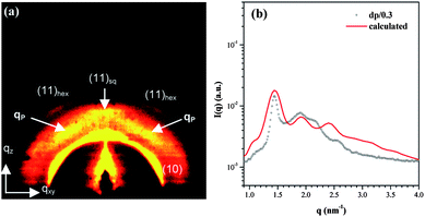 (a) The GISAXS pattern of a sheared dp/0.3 dendriplex thin film prepared by spreading the dendriplex over a silicon wafer using a blade. The four sets of arcs observed are marked in the pattern. (b) The calculated isotropic SAXS pattern of a hexagonally-packed DNA superhelical structure assuming that the hexagonal lattice consisted of five unit cells with six dendrimer macrocations placing in a given channel.