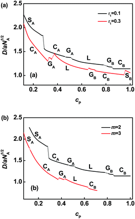 Characteristic domain size D/aNA1/2 as a function of cP for graft copolymers with m = 2 (a) and τ1 = 0.10 (b) in solution. Labels appear as in Fig. 1. The dash lines are drawn to link the solid lines when the graft copolymer solution is in the two phase coexistence state.