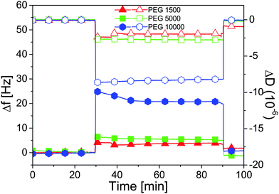 Frequency shifts Δf (filled symbols) and dissipation ΔD (open symbols) measured with QCM-D as a function of time on adsorbed brushes of PEG-nitroDOPA of various molecular weights. At t = 30 min, Millipore water is exchanged with n-decane and we note the correspondent increase in Δf and decrease in ΔD stemming from partial collapse of the polymer chains. At t = 90 min, the solvent is changed back to Millipore water and the baselines are recovered showing the reversibility of the collapse.