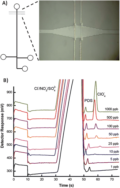 (A) Schematic of the microfluidid device, featuring a bubble cell (image) at the detection zone (B) Electropherograms showing separation of drinking water spiked with 0.12 ppm propane disulfonate (internal standard) and concentrations of perchlorate ranging from 1 to 1000 ppb. Reprinted from Gertsch et al.18