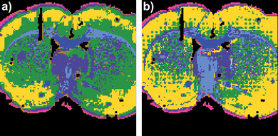 Coronal rat brain tissue section UHC analysis maps generated for seven clusters a) before and b) after RMieS correction.