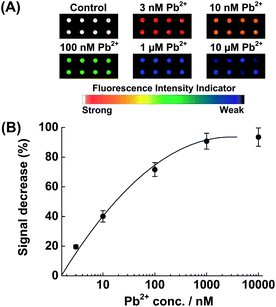 (A) Scanometric images of the microarray in the presence of various concentrations of Pb2+. (B) Relative fluorescence change (%) as a function of the Pb2+ concentration. The illustrated error bars represent the standard deviation obtained from 8 data points.