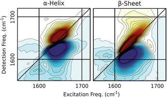 Spectra reconstructed from the SVD decomposition. Contours are plotted from ±50% of the maximum amplitude in 4% intervals and spectra are arranged in order of increasing β-sheet content (see Fig. 1).