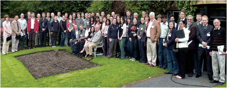 A group photograph of most of the conferees at Eirelec '11 outside the Dun Raven Arms Hotel.