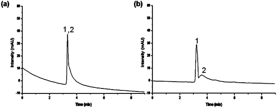 Elution profiles and changes in retention times with temperature variation on an aqueous mixture of two proteins, (1) lysozyme and (2) myoglobin, using composite e (Ds = 250 μg m−2); flow rate: 0.5 ml min−1; mobile phase: 0.1 M potassium phosphate buffer, elution: isocratic.