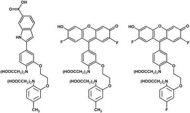 Chemical structures of indo-1, fluo-4, and fluo-5F (left to right, respectively).