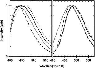 Excited-state emission spectra of indo-1 showing the piezochromic and solvatochromic nature of the calcium-bound (low pCa, left) and calcium-unbound (high pCa, right) forms, taken under the following conditions: 1 atm (solid black line), 510 atm (thin dashed line), 30 vol% glycerol (solid grey line), and 30 vol% methanol (thick dashed line). Samples are 5 μM indo-1 at 337-nm wavelength excitation; specific preparation details are described in the text. Spectra have been normalized to the peak intensity, and have not been smoothed.