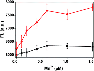 The transport activity of the MntH strain measured at different Mn2+ concentrations (red), and the buffer solution in the absence of the cells under the same condition as a control (black).