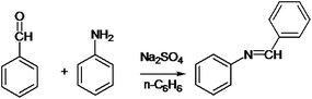 Formation of an imine with reaction of benzaldehyde and aniline in presence of sodium sulfate and n-hexane.