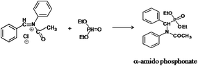 The second step of the expected mechanism, nucleophilic attack of diethyl phosphite to the intermediate and formation of α-amido phosphonate.