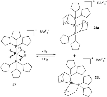Reversible dehydrogenation of tricyclopentylphosphine ligands at the bis(dihydrogen) rhodium complex 27.
