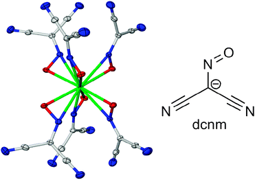 The [Ce(dcnm)6]3− anion from the crystal structure of (N4444)3[Ce(dcnm)6], and the dicyanonitrosomethanide (dcnm) anion.