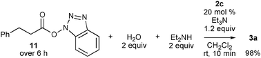 Reaction of benzotriazolyl ester 11 with diethylamine in the presence of water and 2c-derived NHC.