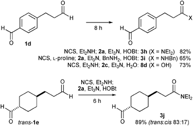 Chemoselective conversion of α-unbranched aldehydes to amides and carboxylic acids.