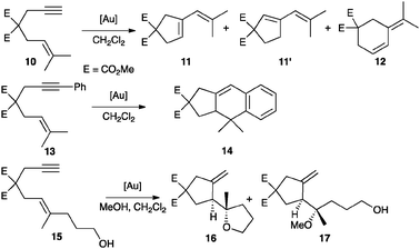 
          Gold(i)-catalysed cyclisations of selected 1,6-enynes.