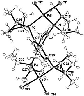 Molecular structure of complex 5 in solid state, ellipsoid probability level is 50%, second molecule and solvent molecules have been omitted for clarity. Bond lengths (Å): Pd1–Pd2 7.7430(4), Cl1–Pd1 2.3738(9), Cl2–Pd1 2.3628(9), Cl3–Pd2 2.3640(9), Cl4–Pd2 2.3327(12), P1–Pd1 2.2744(9), P2–Pd1 2.2782(9), P3–Pd2 2.2993(11), P4–Pd2 2.2492(9), and bond angle (°): P1–Pd1–P2 91.46(3), P1–Pd1–Cl2 170.51(4), P2–Pd1–Cl2 95.37(3), P1–Pd1–Cl1 86.78(3), P2–Pd1–Cl1 176.01(4), Cl2–Pd1–Cl1 85.98(3), P4–Pd2–P3 92.80(4).