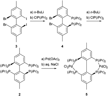 Synthesis of (4,4′-dimethylbiphenyl-2,2′,6,6′-tetrayl) tetrakis(diisopropylphosphane) (2) and its related complex 5.