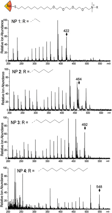 Mass spectra of the four nanoparticles used in this study, with the m/z value used for scanning highlighted.
