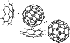 30% probability ellipsoid representation of C60 : 1 (minor disorder components of C60 omitted for clarity). Dashed lines indicate: A: concave surface of 1 to C60 short contact 3.75 Å; B: convex surface of 1 (symmetry operator 1.5 − x, −½ + y, ½ − z) to C60 short contact of 3.21 Å; and C: C60 centroid–centroid (symmetry operator ½ − x, ½ + y, ½ − z) contact of 10.04 Å.