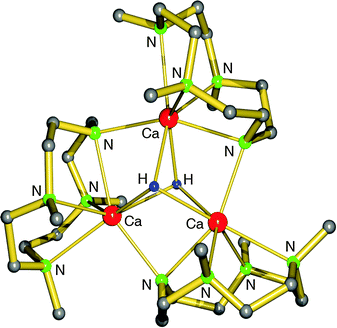 Crystal structure of a cationic trimeric calcium hydride complex stabilized by tetradentate ligands (Okuda et al.);80 the non-coordinating anion is either Ph3SiH2−, Me3SiN-SiPh3− or Ph(H)C-SiHPh2−.