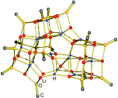 Crystal structure of (tBuOLi)16(LiH)17 by Thomas et al.37 (tBuO groups only partly shown for clarity); the crystallographic mirror plane is close to the plane of projection.
