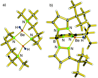 (a) Crystal structure of the first beryllium hydride complex by Coates et al.46 (b) Crystal structure of TptBuBeH by Parkin et al.47