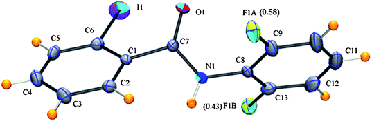 
          ORTEP diagram of 2FA–2IB drawn with 50% ellipsoidal probability, highlighting the atom-numbering scheme, along with the occupancies for the disordered fluorine. The disordered hydrogen and carbon atoms have been omitted for clarity.