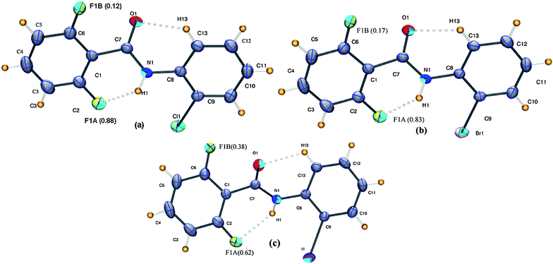 
          ORTEP diagram of 2FB–2ClA, 2FB–2BrA and 2FB–2IA with the occupancies for the disordered fluorine. Intra-molecular interactions are joined by open circles. The disordered hydrogen and carbon atoms have been omitted for clarity.