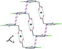 Centrosymmetric dimers interacting through π–π stacking along the a axis. These interactions are represented in dashed pink lines. The hydrogen bonds are represented in dashed blue lines.