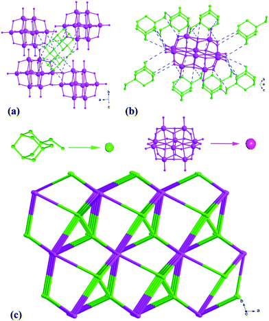 (a) 5-connected [HMTA-CH2OH]+ cation linked with four [H4O28V10]2− anions and one neighboring [HMTA-CH2OH]+ cation; (b) 8-connected [H4O28V10]2− anion linked with eight [HMTA-CH2OH]+ cations. (c) Schematic representation of the (5,8)-connected network of 1.