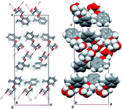 Fragment of crystal packing of hypothetic “ortho-2” structure having ortho instead metamethyl substituent in the phenyl ring; viewed along the 0b axis. (a) Zones of intrabilayer steric conflicts, which are marked by gray ovals. (b) “Scattered” bilayers marked by “spacefill” style.