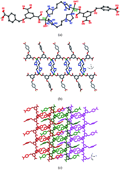 (a) Coordination environments of the Zn(ii) atoms in 4. Symmetry codes: #1 −x + 1, −y + 1, −z + 1; #2 −x + 2, −y + 1, −z. (b) View of the 1D chain structure of 4. (c) View of the 2D supramolecular layer connected by face-to-face π–π interactions.