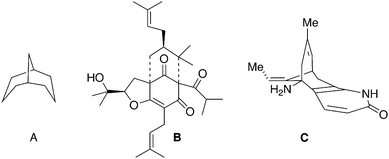 The bicyclo[3.3.1]nonane framework (A), natural products containing this frame work: garsubellin A (B), and huperzine A (C).