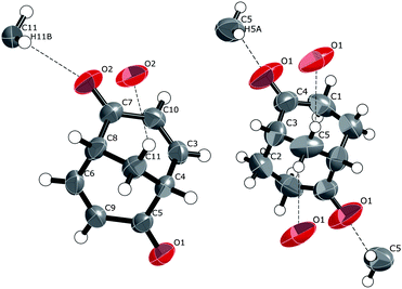 Left: displacement ellipsoid (50%) plot of the crystal structure of rac-2 showing also the weak hydrogen bond interactions. Right: the corresponding plot for the crystal structure of enantiopure saturated dione (+)-7. The hydrogen bonding between the methine hydrogen (C9–H) and carbonyl oxygen (O1) on an adjacent rac-2 is not displayed for clarity. See Fig. 9 for the complete view.