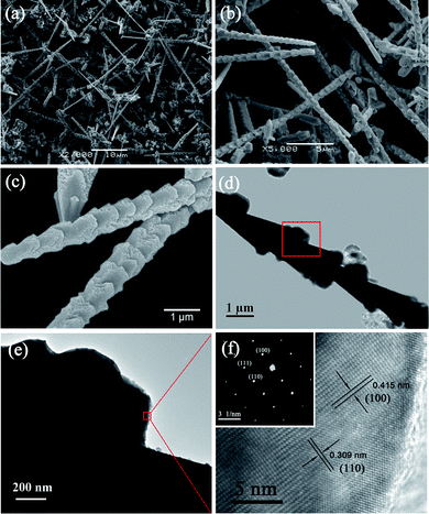 (a) Low, (b) medium and (c) high magnification SEM images of Cu2O nano-bamboo shoots prepared for 10 h. (d) TEM image of a single nano-bamboo shoot. (e) High magnification TEM image of a single burr on the surface of nano-bamboo shoot as marked in the rectangular area of panel d. (f) HRTEM image corresponds to the rectangular area in panel e. The inset illustrates the corresponding SAED pattern.